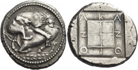 Greek Coins. Macedonia, Acanthus. 
Tetradrachm circa 480-424, AR 17.27 g. Bull with head raised, crouching to l. attacked by lion leaping on its back...