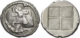 Greek Coins. Macedonia, Acanthus. 
Tetrobol circa 470-390, AR 2.63 g. Forepart of bull l. looking backwards; above, flower. Rev. Quadripartite square...