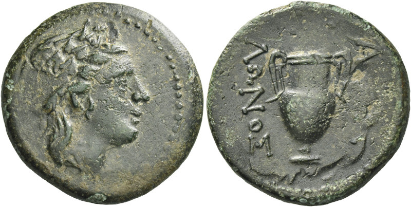 Greek Coins. Apollonia. 
Bronze after 187, Æ 7.77 g. Laureate head of Apollo r....