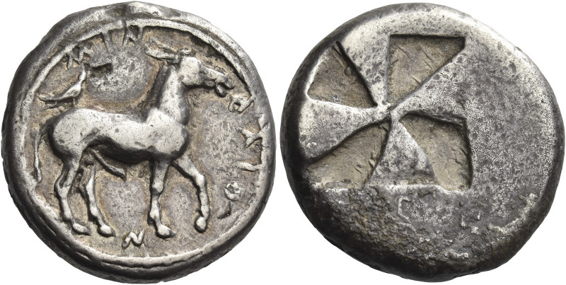 Greek Coins. Mende. 
Tetradrachm circa 500-470, AR 17.10 g. MEN – ΔAIO – N Ithy...