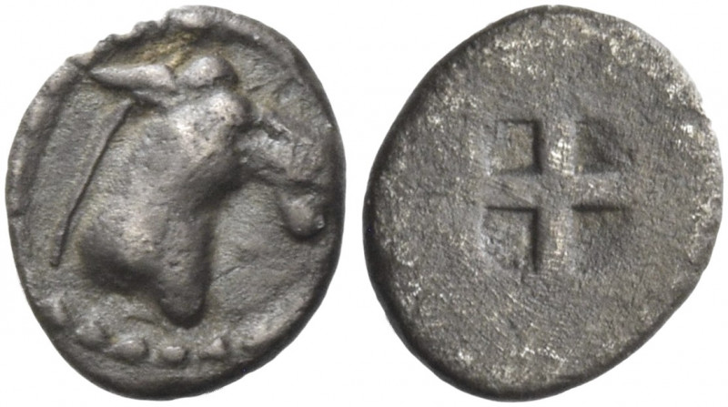 Greek Coins. Mende. 
Trihemitartemorion (?) circa 480-460, AR 0.27 g. Ass’s hea...