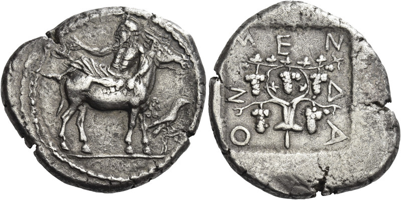 Greek Coins. Mende. 
Tetradrachm circa 460-425, AR 17.19 g. Elderly Dionysus, w...