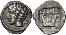 Greek Coins. Olynthus. 
Chalcidian league. Tetrobol circa 427-421, AR 2.28 g. Laureate head of Apollo l.; in r. field, Δ. Rev. Χ – Α – Λ – ΚΙΔ – Ε – ...