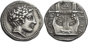Greek Coins. Olynthus. 
Chalcidian league. Tetradrachm circa 410-401, AR 12.22 g. Laureate head of Apollo r. Rev. Χ – Α – Λ – ΚΙΔ – Ε – ΩN Cithara wi...