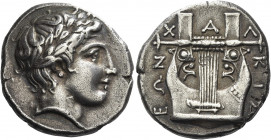 Greek Coins. Olynthus. 
Chalcidian league. Tetradrachm circa 410-401, AR 12.17 g. Laureate head of Apollo r. Rev. Χ – Α – Λ – ΚΙΔ – Ε – ΩN Cithara wi...