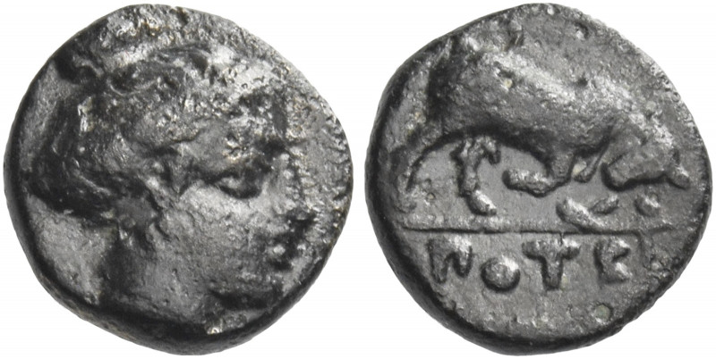 Greek Coins. Potidea. 
Bronze circa 400-350, Æ 1.31 g. Female head r., wearing ...