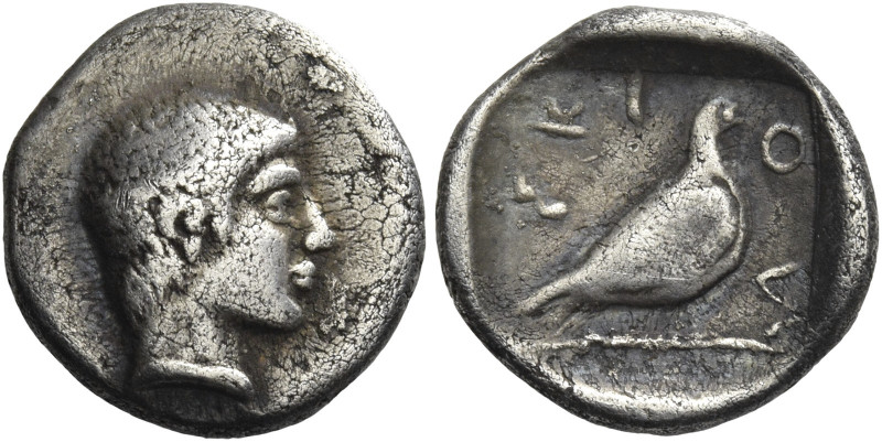 Greek Coins. Scione. 
Tetrobol circa 424, AR 1.88 g. Diademed male head r. Rev....