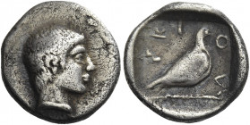Greek Coins. Scione. 
Tetrobol circa 424, AR 1.88 g. Diademed male head r. Rev. ΣKI – O – N Dove standing r., within incuse area. SNG ANS 711.
Very ...