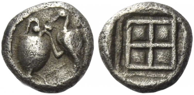 Greek Coins. Terone. 
Tritartemorion late V century BC, AR 0.32 g. Crane standi...