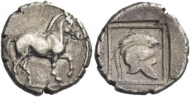 Greek Coins. Kingdom of Macedonia, Perdicca II, 451 – 413. 
Light tetrobol circa 451-446, AR 1.90 g. Horse standing r. Rev. Helmet r., within square ...