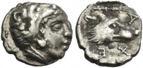 Greek Coins. Archelaos, 413 – 400/399. 
Obol circa 413-399, AR 0.39 g. Head of Heracles r., wearing lion’s skin headdress. Rev. A – P – X – E Head of...