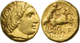 Greek Coins. Philip II 359 – 336 and posthumous issues. 
Stater, Teos circa 323-316, AV 8.52 g. Laureate head of Apollo r. Rev. ΦΙΛΙΠΠΟY Prancing big...