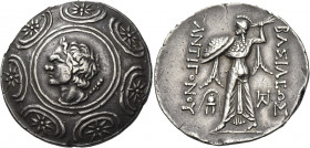 Greek Coins. Antigonos II Gonatas, 277 – 239. 
Tetradrachm, Amphipolis circa 277-239, AR 16.94 g. Macedonian shield decorated in centre with head of ...
