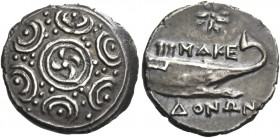 Greek Coins. Time of Philip V and Perseus, 187 – 168. 
Tetrobol, uncertain mint circa 187-168, AR 2.14 g. Macedonian shield with four crescents in bo...