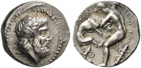 Greek Coins. Kings of Paeonia, Lycceius 356 – 335. 
Tetradrachm 356-335, AR 12.09 g. Laureate head of Zeus r. Rev. ΛYK[K] – EIOY Heracles strangling ...