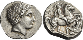 Greek Coins. Patraus, 335 – 315. 
Tetradrachm 335-315, AR 12.86 g. Laureate head of Apollo r. Rev. [ΠΑ]TPAO – Y Warrior on horseback r., spearing fal...