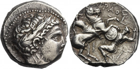 Greek Coins. Patraus, 335 – 315. 
Tetradrachm 335-315, AR 11.87 g. Laureate head of Apollo r. Rev. [Π]ΑTPAOY Warrior on horseback r., spearing fallen...