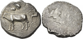 Greek Coins. Thraco-Macedonian Tribes, The Derrones. 
Dodecadrachm circa 480-465, AR 30.37 g. Male figure seated on cart drawn l. by two oxen; above,...