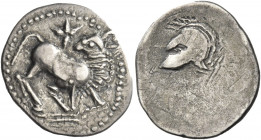 Greek Coins. Thraco-Macedonian Tribes, The Derrones. 
Tetrobol after 480, AR 1.82 g. Bull reclining r., head turned back; above, lily (?). Rev. Crest...