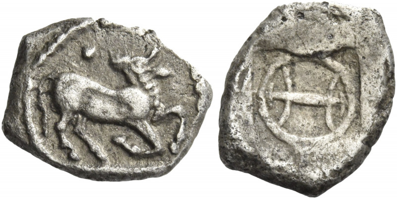 Greek Coins. The Ichnai. 
Diobol circa 500, AR 1.06 g. Bull reclining r., head ...