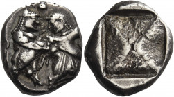 Greek Coins. Siris. 
Stater circa 525-480, AR 9.88 g. Nude ithyphallic satyr grasping r. arm of nymph who is trying to move away from him; in l. fiel...