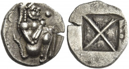 Greek Coins. Siris. 
Trihemiobol circa 500-490, AR 1.22 g. Satyr crouching r., flanked by two pellets (one off-flan). Rev. Diagonally divided incuse ...