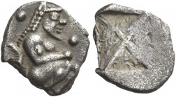 Greek Coins. Siris. 
1/8 stater or obol (?) circa 525-480, AR 0.90 g. Satyr crouching r., flanked by two pellets. Rev. Diagonally divided incuse squa...