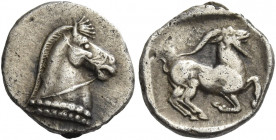 Greek Coins. Uncertain Thraco-Macedonian Tribes. 
Obol circa 465-450, AR 0.98 g. Bridled horse head r. Rev. He-goat half-kneeling r. within shallow i...