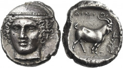Greek Coins. Aenus. 
Tetradrachm circa 402-399, AR 14.94 g. Facing Head of Hermes, slightly to l., wearing brimless petasus. Rev. AINI– O Goat standi...