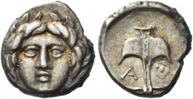 Greek Coins. Apollonia Pontica. 
Diobol, late 4th century BC, AR 1.26 g. Laureate head of Apollo facing. Rev. Anchor upright; below, A – crayfish. SN...