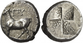 Greek Coins. Byzantium. 
Siglos or drachm circa 387-339, AR 3.69 g. Heifer standing l. atop dolphin; above, monogram. Rev. Quadripartite incuse squar...