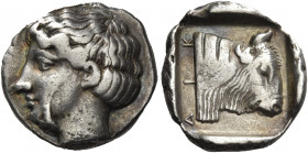 Greek Coins. Dicaea. 
Drachm circa 450-425, AR 2.45 g. Head of nymph l. Rev. DIK Bull's head r. within incuse square. SNG Copenhagen 554. Schönert-Ge...