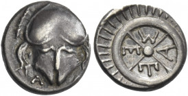 Greek Coins. Mesembria. 
Diobol 4th century BC, AR 1.27 g. Crested Corinthian helmet; below, A. Rev. M – E – T – A within four-spiked wheel. SNG Cope...