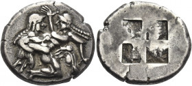 Greek Coins. Islands off Thrace, Thasos. 
Stater circa 525-463, AR 8.98 g. Naked ithyphallic satyr supporting nymph under thighs with r. arm, the l. ...