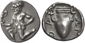 Greek Coins. Islands off Thrace, Thasos. 
Trihemiobol circa 404-340, AR 1.07 g. Satyr running l., holding cantharus. Rev. ΘA – [ΣI] – ΩN Amphora. Le ...