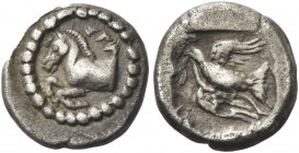Greek Coins. Kings of Thrace, Sparadocus circa 464 – 444. 
Diobol circa 464-444, AR 1.28 g. ΣΠA Forepart of horse l. Rev. Eagle flying l., holding se...