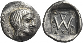Greek Coins. Saratocus, circa 400. 
Trihemiobol circa 400, AR 0.97 g. Male (?) head r., with long hair. Rev. Σ – A – PAT – OK – O around monogram wit...