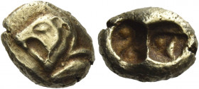 Greek Coins. Uncertain mints in Ionia. 
Hecte circa 600-550, EL 2.25 g. Two lions' heads back to back (the one on the r. off flan), facing downwards ...
