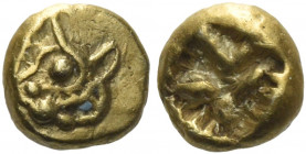 Greek Coins. Uncertain mints in Ionia. 
1/24 stater circa 600-550, EL 0.59 g. Bull's (?) head l. Rev. Striated incuse punch. Traité –. Boston, MFA –....