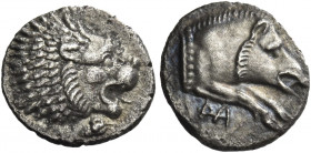 Greek Coins. Uncertain mints in Asia Minor. 
Diobol 4th century BC, AR 1.18 g. Forepart of boar r.; monogram below. Rev. Forepart of lion r. cf. CNG ...