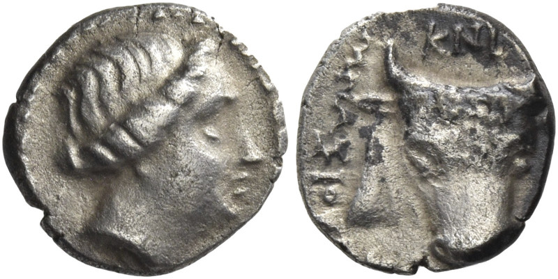 Greek Coins. Cnidus. 
Diobol circa 300-225, AR 1.22 g. Head of Aphrodite r. Rev...