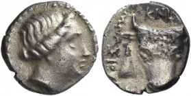 Greek Coins. Cnidus. 
Diobol circa 300-225, AR 1.22 g. Head of Aphrodite r. Rev. ΚΝΙ Head of bull facing, with filleted horns; in l. field, ΜΝΑΣΙΘΕΟΣ...