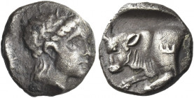Greek Coins. Satraps of Caria, Hecatomnus circa 395 – 377/6. 
Diobol, Mylasa circa 395-377/6, AR 1.23 g. Laureate head of Apollo r. Rev. Forepart of ...