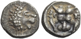 Greek Coins. Satraps of Caria, Hecatomnus circa 395 – 377/6. 
Hemiobol, Mylasa (?) circa 395-377/6, AR 0.41 g. Lion's head r. Rev. Lion's head facing...
