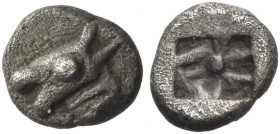 Greek Coins. Uncertain mints in Caria. 
Hemiobol circa 6th century BC, AR 0.28 g. Stylized stag's head l. Rev. Incuse square punch with central dot a...