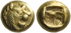 Greek Coins. Kings of Lydia, Alyattes circa 610 – 560. 
Hemihecte, Sardis circa 610-560, EL 1.18 g. Lion's head r., with open jaws; knob on forehead....