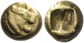 Greek Coins. Kings of Lydia, Alyattes circa 610 – 560. 
Hemihecte, Sardis circa 610-560, EL 1.03 g. Lion's head r., with open jaws; knob on forehead....