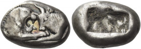 Greek Coins. Croesus circa 561 – 546. 
Siglos, Sardis circa 550-546, AR 5.27 g. Confronted foreparts of lion facing r., and bull facing l. Rev. Bipar...