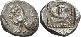 Greek Coins. Lycian dynasts, uncertain ruler circa 520 – 480. 
Stater, Tlos (?) circa 480-460, AR 9.26 g. Lion seated l., head facing, with raised fo...