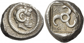 Greek Coins. Kuprilli, circa 470 – 440. 
Stater, uncertain mint circa 470-440, AR 8.44 g. Head of Zeus Ammon r. Rev. koprlle in Lycian characters Tri...